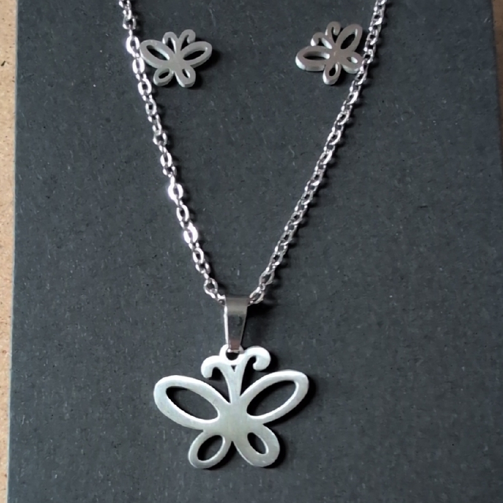 Silver Stainless Steel Butterfly Necklace and Earring Set